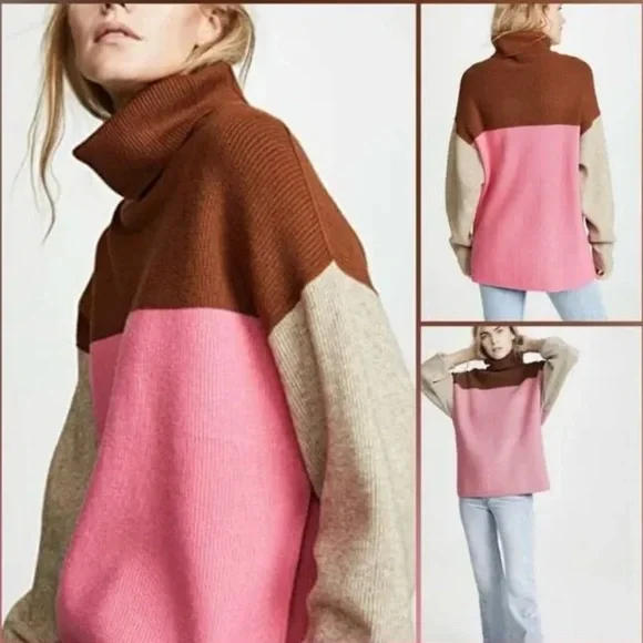 Free People Candy Pop Structured Colorblock Soft Oversized Turtleneck Sweater M - Picture 2 of 11